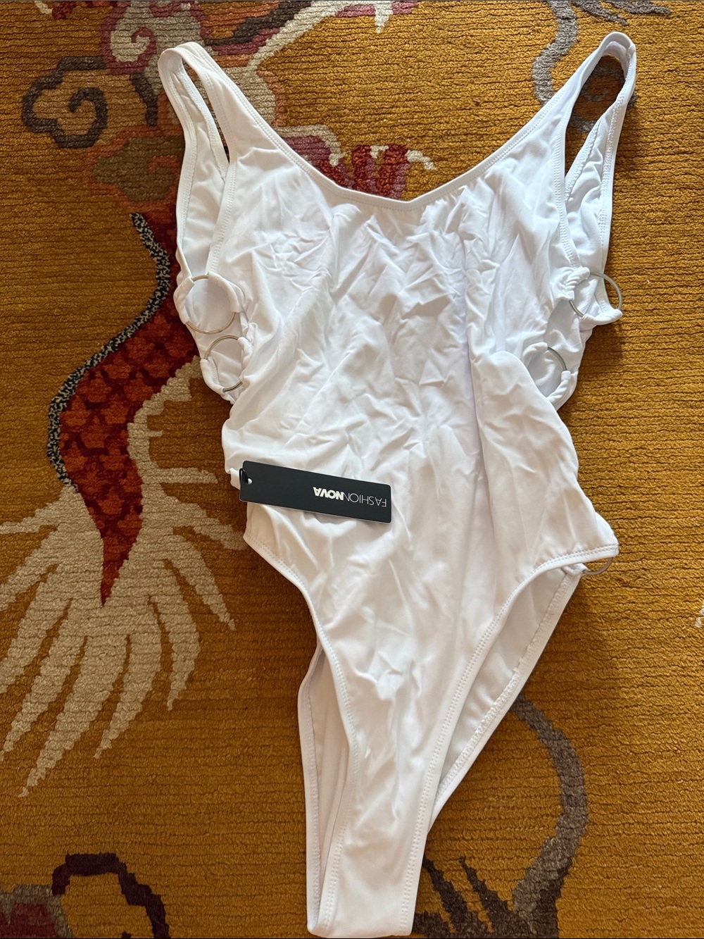 Fashion Nova White One-Piece Swimsuit with Side Ring Accents size small runs big